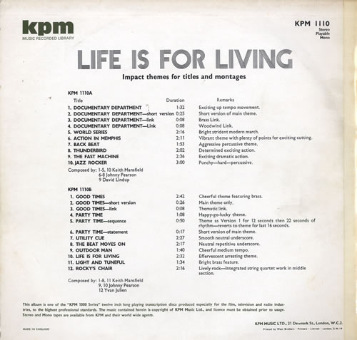 KPM Library Life Is For Living vinyl LP album (LP record) UK KP1LPLI563943