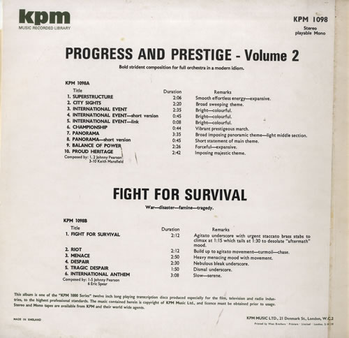 KPM Library Progress And Prestige Volume 2/ Fight For Survival vinyl LP album (LP record) UK KP1LPPR564047