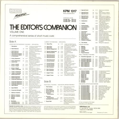 KPM Library The Editor's Companion Vol. 1 A Comprehensive Series Of Short Music Cues vinyl LP album (LP record) UK KP1LPTH689317