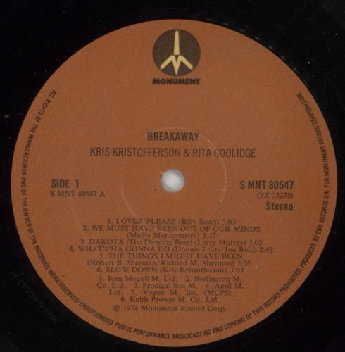 Kris Kristofferson & Rita Coolidge Breakaway vinyl LP album (LP record) UK KR9LPBR457481
