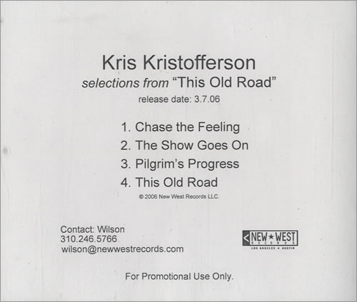 Kris Kristofferson Selections From This Old Road CD-R acetate US KRSCRSE488737
