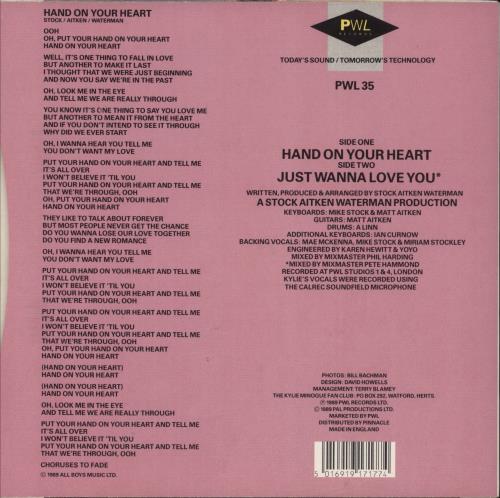 Kylie Minogue Hand On Your Heart 7" vinyl single (7 inch record / 45) UK KYL07HA45816