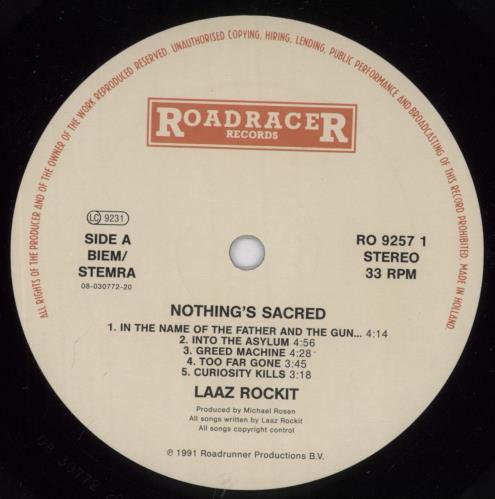 Laaz Rockit Nothings Sacred vinyl LP album (LP record) Dutch Q66LPNO830951