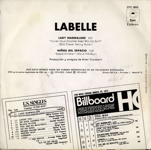 Labelle Lady Marmalade [Voulez-Vous Coucher Avec Moi Ce Soir?] 7" vinyl single (7 inch record / 45) Spanish LBL07LA585907