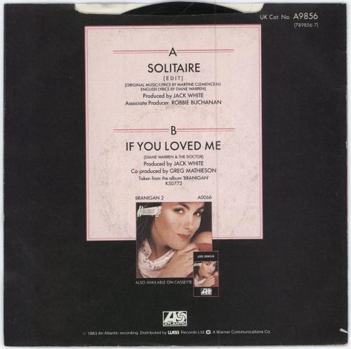 Laura Branigan Solitaire 7" vinyl single (7 inch record / 45) UK BRA07SO785339