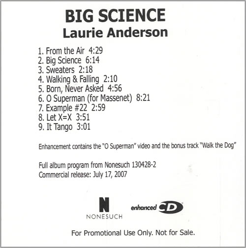 Laurie Anderson Big Science CD-R acetate US LUACRBI452341