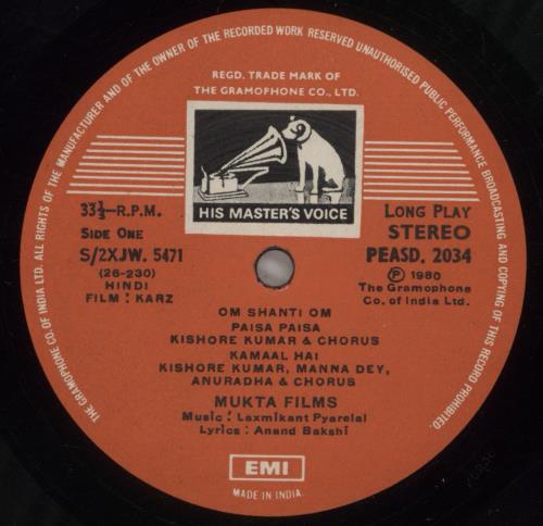 Laxmikant-Pyarelal Karz vinyl LP album (LP record) Indian OH-LPKA791941