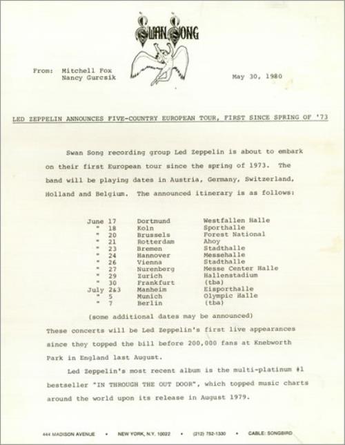 Led Zeppelin 1980 European Tour media press pack US ZEPPPEU453393