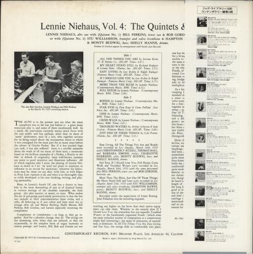 Lennie Niehaus Vol. 4: The Quintets & Strings vinyl LP album (LP record) Japanese LN-LPVO875388
