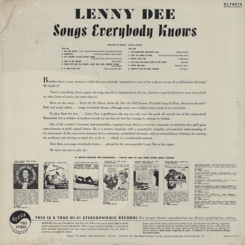 Lenny Dee Songs Everybody Knows vinyl LP album (LP record) US 3LDLPSO757256