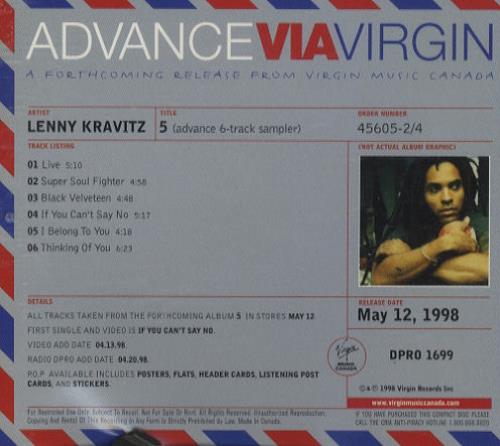 Lenny Kravitz 5 Sampler CD single (CD5 / 5") Canadian KVZC5SA178436