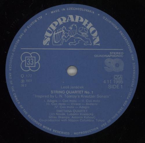Leo Jancek String Quartet No 1 (Inspired By Tolstoy's "Kreutzer Sonata) String Quartet No 2 (Intimate Pages) vinyl LP album (LP record) Czech JKALPST877905