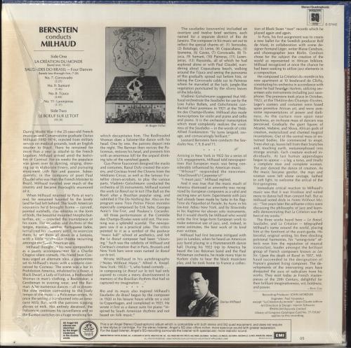 Leonard Bernstein Bernstein Conducts Milhaud vinyl LP album (LP record) US 5LBLPBE856923