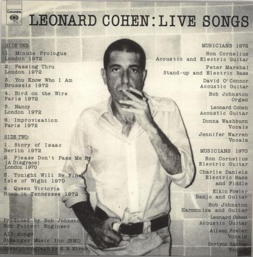 Leonard Cohen Live Songs - 180gm vinyl LP album (LP record) UK COHLPLI735812