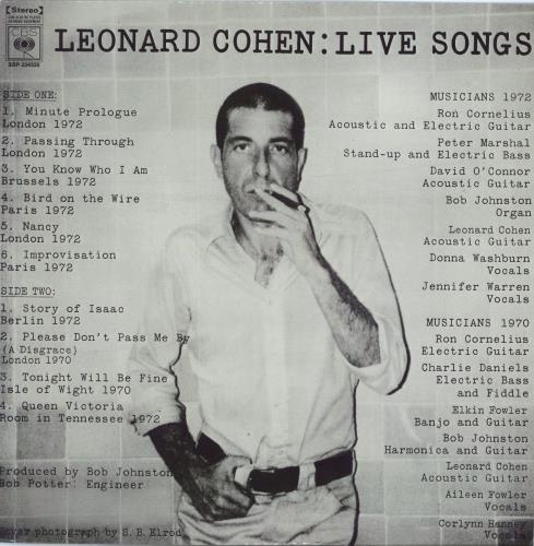 Leonard Cohen Live Songs vinyl LP album (LP record) Australian COHLPLI806082