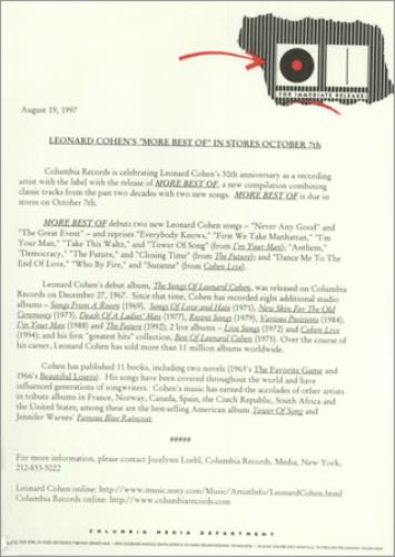 Leonard Cohen More Best Of media press pack US COHPPMO113189