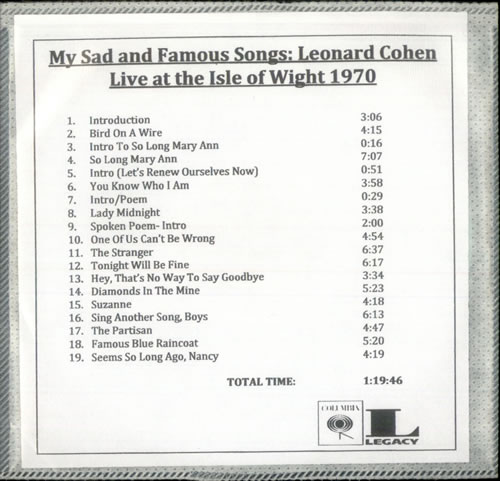 Leonard Cohen My Sad And Famous Songs: Leonard Cohen Live At The Isle Of W 2-disc CD/DVD set US COH2DMY493800