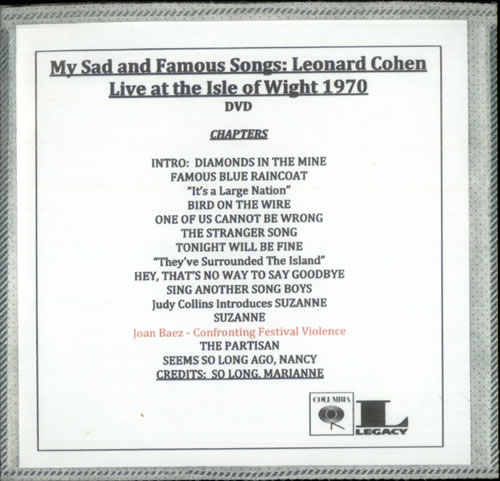 Leonard Cohen My Sad And Famous Songs: Leonard Cohen Live At The Isle Of W 2-disc CD/DVD set US COH2DMY493800