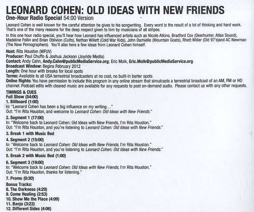 Leonard Cohen Old Ideas With New Friends Radio Show CD-R acetate US COHCROL559950