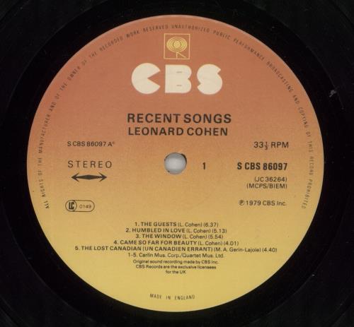 Leonard Cohen Recent Songs + Inner vinyl LP album (LP record) UK COHLPRE210458