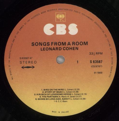 Leonard Cohen Songs From A Room - 3rd vinyl LP album (LP record) UK COHLPSO879346