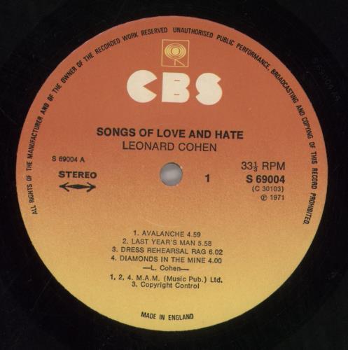 Leonard Cohen Songs Of Love And Hate - 2nd vinyl LP album (LP record) UK COHLPSO725323