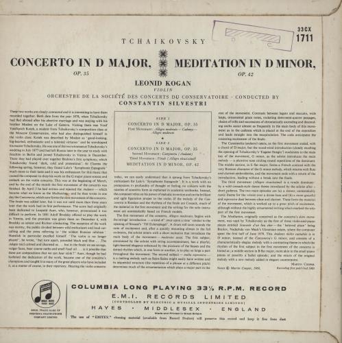 Leonid Kogan Tchaikovsky: Violin Concerto / Meditation - 1st (33CX 1711) vinyl LP album (LP record) UK N7PLPTC762865