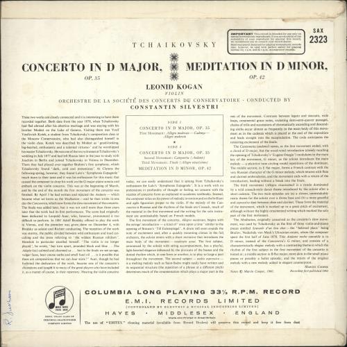Leonid Kogan Tchaikovsky: Violin Concerto / Meditation - 1st (SAX 2323) vinyl LP album (LP record) UK N7PLPTC703089