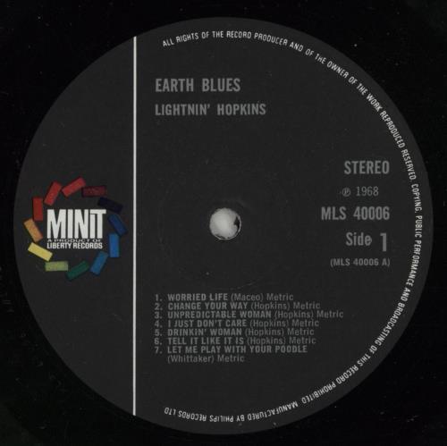 Lightnin' Hopkins Earth Blues vinyl LP album (LP record) UK LHHLPEA868334
