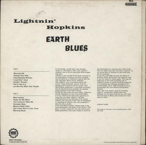 Lightnin' Hopkins Earth Blues vinyl LP album (LP record) UK LHHLPEA868334