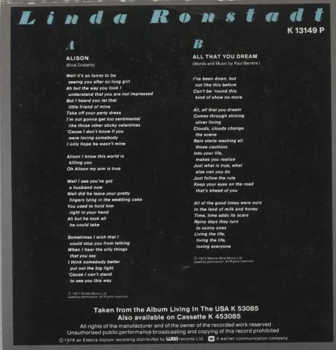 Linda Ronstadt Alison 7" vinyl picture disc (7 inch picture disc single) UK LIR7PAL117941