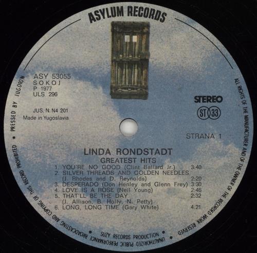 Linda Ronstadt Greatest Hits vinyl LP album (LP record) Yugoslavian LIRLPGR765355