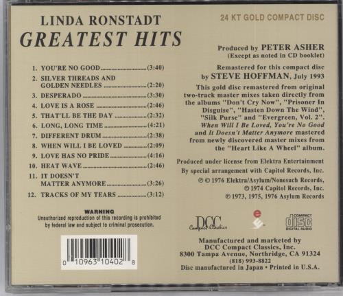 Linda Ronstadt Greatest Hits CD album (CDLP) US LIRCDGR815021