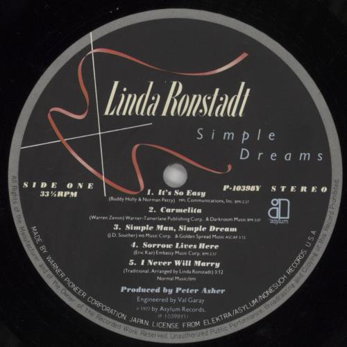 Linda Ronstadt Simple Dreams vinyl LP album (LP record) Japanese LIRLPSI151301