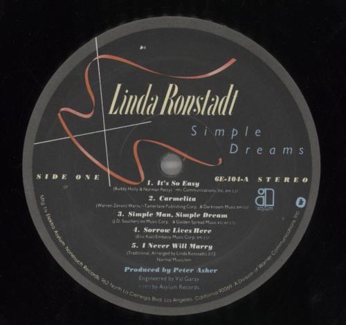 Linda Ronstadt Simple Dreams vinyl LP album (LP record) US LIRLPSI230168