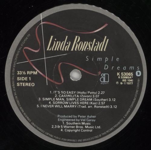 Linda Ronstadt Simple Dreams vinyl LP album (LP record) UK LIRLPSI348021