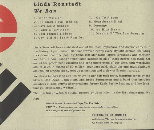 Linda Ronstadt We Ran CD album (CDLP) US LIRCDWE118972