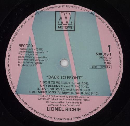 Lionel Richie Back To Front - Stickered Sleeve 2-LP vinyl record set (Double LP Album) UK LNR2LBA839061