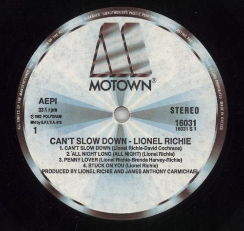 Lionel Richie Can't Slow Down vinyl LP album (LP record) Greek LNRLPCA736904