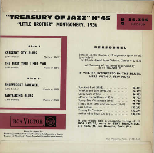 Little Brother Montgomery Treasury Of Jazz No. 45 7" vinyl single (7 inch record / 45) French LM507TR641684
