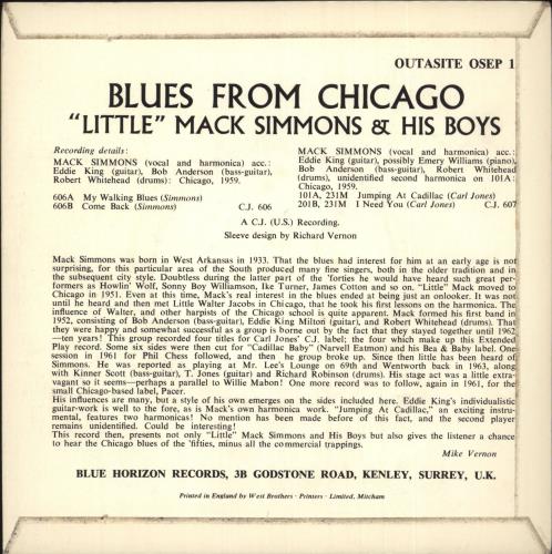 LITTLE MACK SIMMONS Blues From Chicago 7" vinyl single (7 inch record / 45) UK 0XW07BL737548