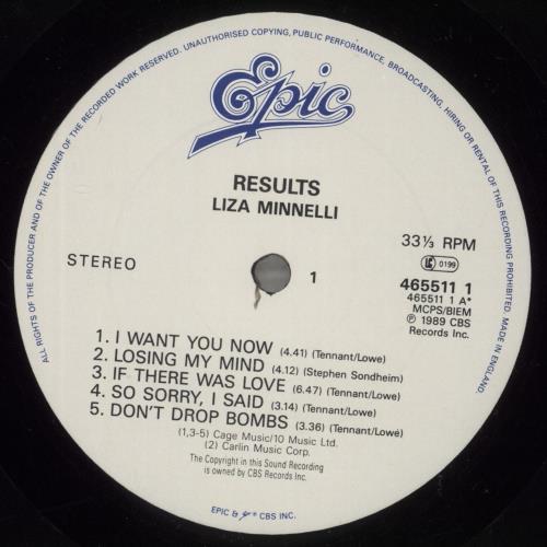 Liza Minnelli Results vinyl LP album (LP record) UK LIZLPRE231833
