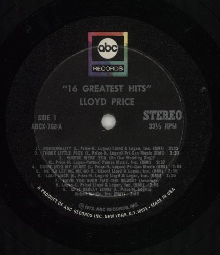 Lloyd Price 16 Greatest Hits vinyl LP album (LP record) US LPCLPGR864972