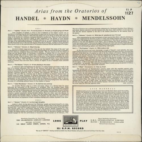 Lois Marshall Arias From The Oratorios Of Handel, Haydn, Mendelssohn vinyl LP album (LP record) New Zealand 9PILPAR868136