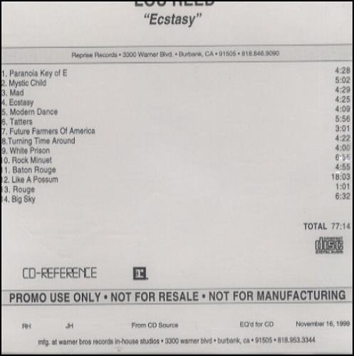 Lou Reed Ecstasy CD-R acetate US LOUCREC156563