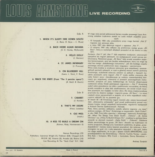Louis Armstrong Live Recording vinyl LP album (LP record) Polish LOALPLI605694