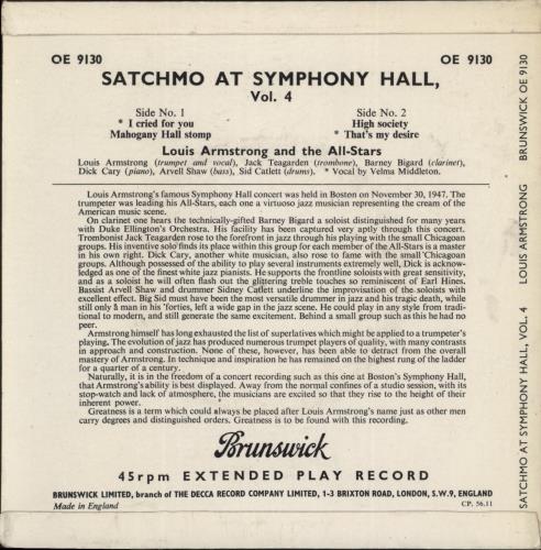 Louis Armstrong Satchmo At Symphony Hall Volume 4 7" vinyl single (7 inch record / 45) UK LOA07SA887825
