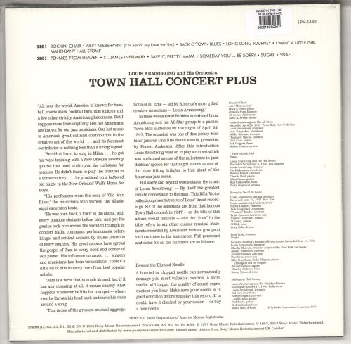 Louis Armstrong Town Hall Concert Plus vinyl LP album (LP record) UK LOALPTO735784