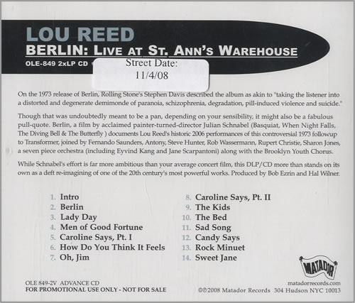 Lou Reed Berlin: Live At St. Ann's Warehouse US Promo CD album (CDLP ...