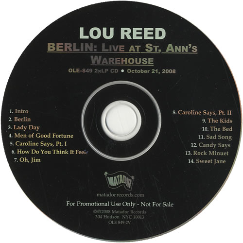 Lou Reed Berlin: Live At St. Ann's Warehouse US Promo CD album (CDLP ...